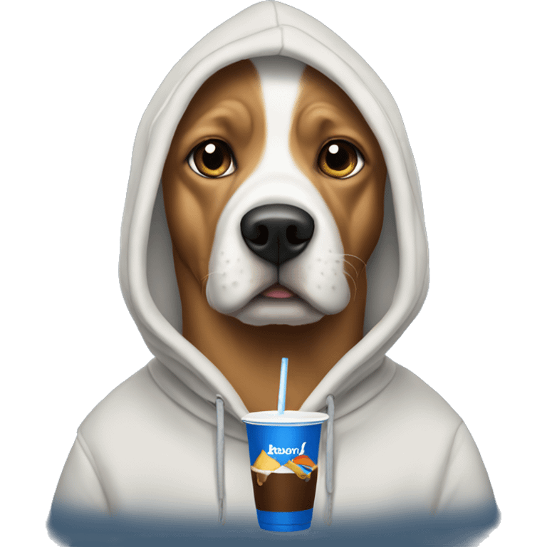 Dog wearing hoodie drinking Dutch Bros emoji