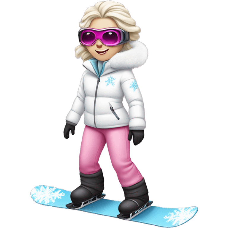 Princess Elsa snowboarding wearing a fluffy white jacket and pink pants and metal goggles emoji