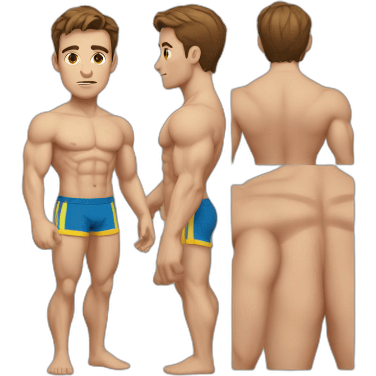 man with muscles,short hair,tired eyes,brown hair, tight swimming trunks emoji