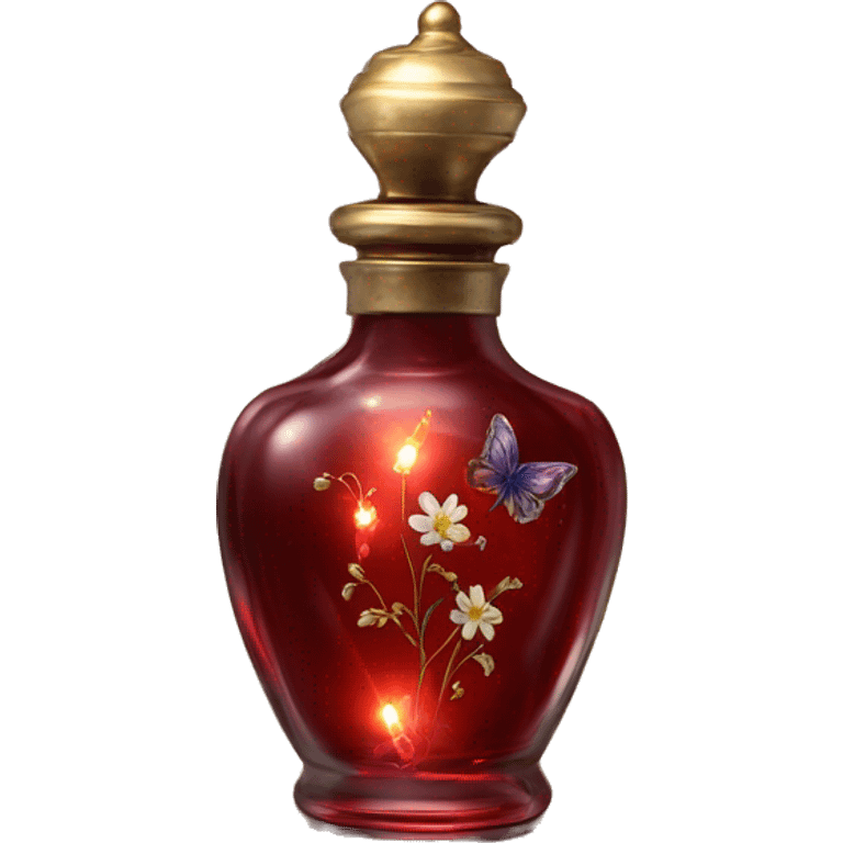 Dark red magic fairy light sparkling old Antique oil perfume bottle with herbal and flowers emoji