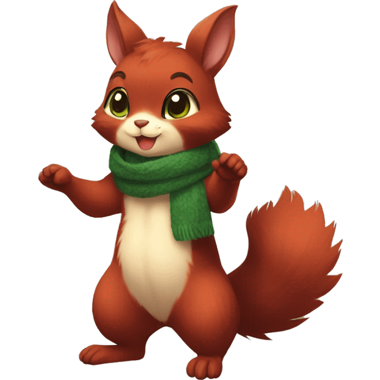 Cute, Chibi, chubby, fluffy, Kemono-style, Anthro, Fur-Sona, Dark-Red, Squirrel-Rabbit-hybrid-Fakémon, with a green scarf, full body emoji