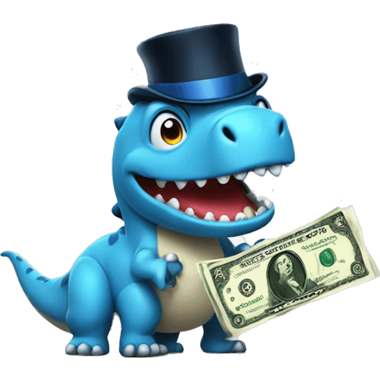 happy blue dinosaur with money and a top hat emoji