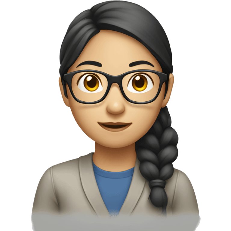 Asian girl wearing glasses using computer emoji