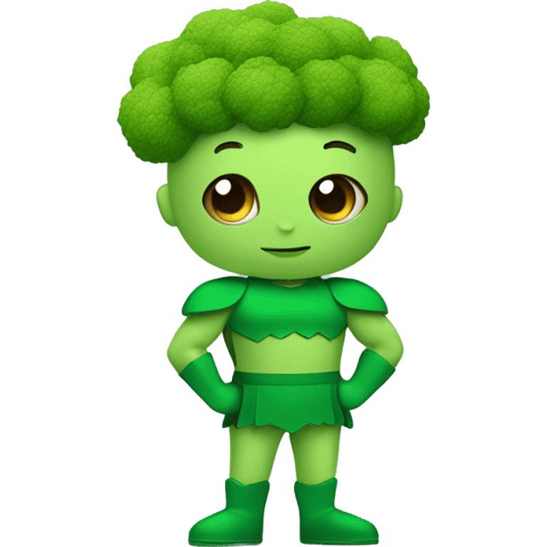 kawaii cute funny mini superhero with green clothes and a broccolis as hair,  full body saying hello emoji