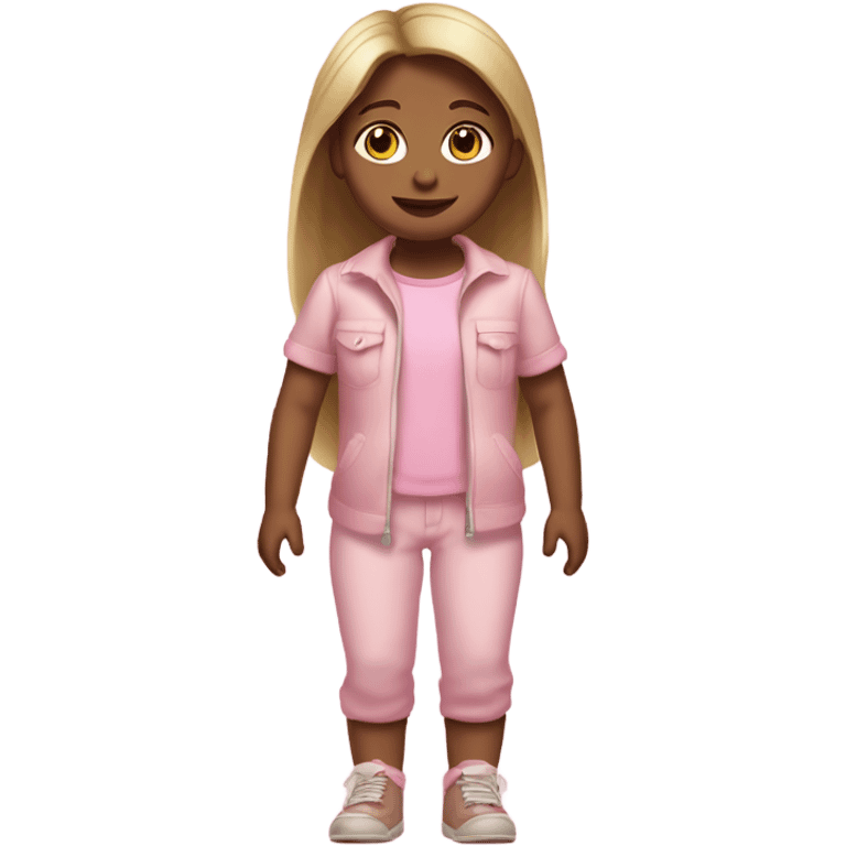 do a white little girl with dirty blond straight hair brown eyes and a cute baby pink outfit, full body arms legs  emoji