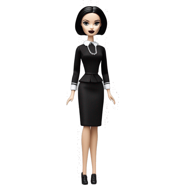   Hostess Wednesday Addams Barbie.  very light skin face. Black lipstick and eyeshadow. Earrings matching necklaces. Long silky raven hair.  shows her legs and black high heel.  emoji