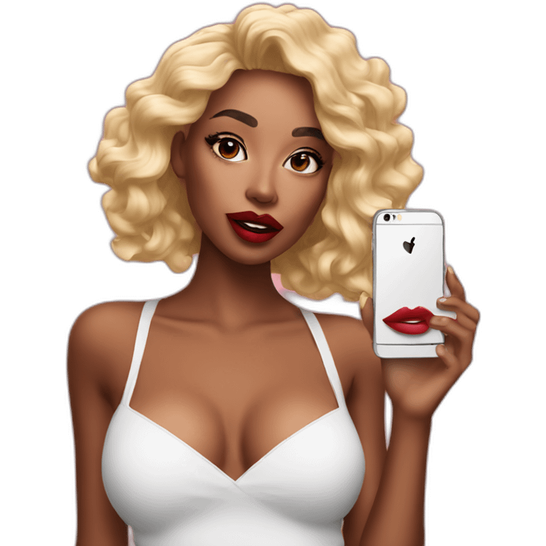 Influencer model with fake lips taking a selfie emoji