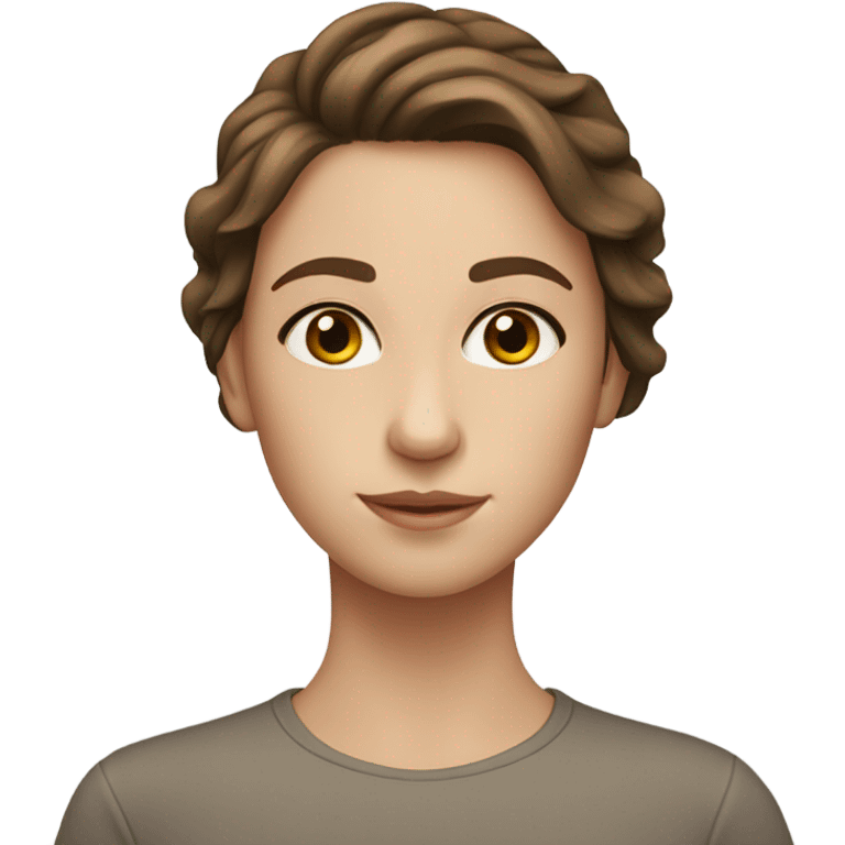 A beautiful girl with medium brown hair, hazel eyes, white skin, and a small nose emoji