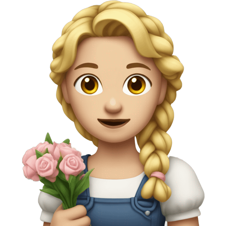 "A young woman with braided blond hair, fair skin, and a lively but slightly worried expression. She wears a simple dress, often holding flowers or a broom, with a rural house in the background." emoji