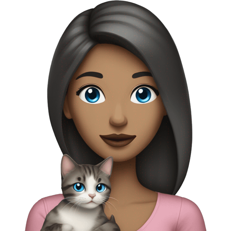 Woman with dark long hair, pink lips and blue eyes holding a tabby cat  emoji