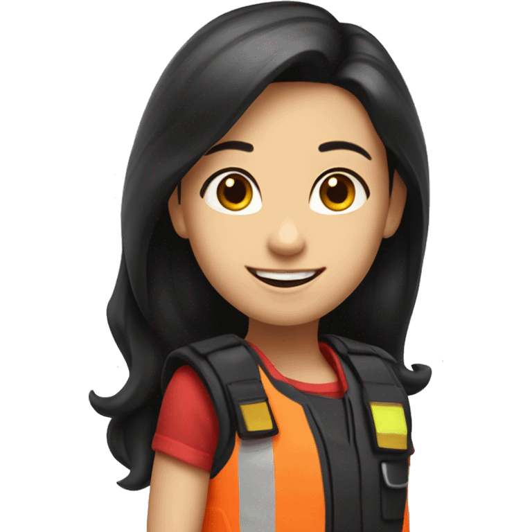 smiling girl with long black hair in red safety vest emoji