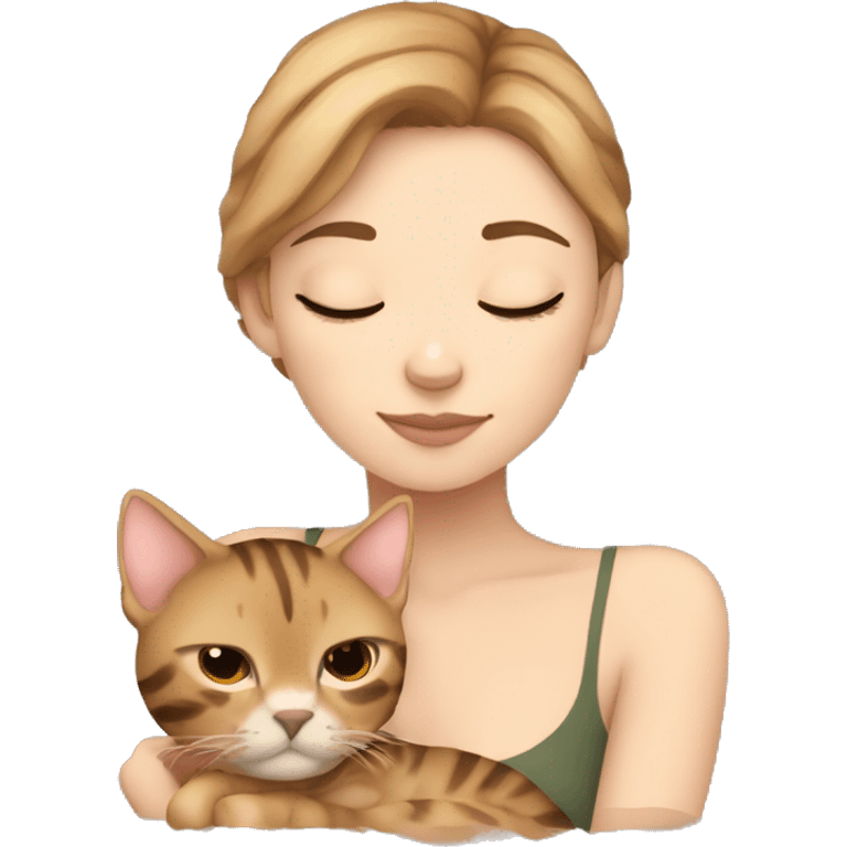 extremely light skin girl with light brown hair sleeping with cute bengal cat emoji