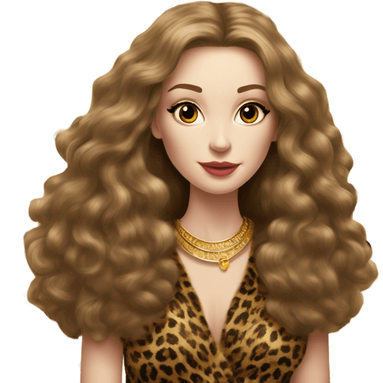 Beautiful pale skin women, long voluminous light brown hair, lots of gold jewelry, long leopard fur coat  emoji