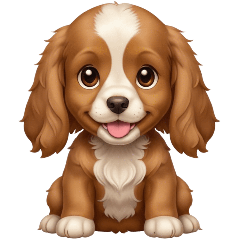 A cute baby cocker spaniel dog, with brown ears and back, and golden face and chest, with a very happy face emoji