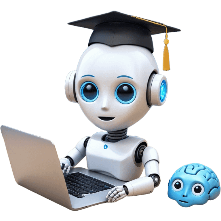 A combination of emojis representing artificial intelligence skills. A small humanoid robot head (🤖) with glowing blue eyes, a brain icon (🧠) beside it, and a laptop (💻) underneath, symbolizing AI-powered computing. Above the robot, a graduation cap (🎓) hovers slightly, indicating learning and education in AI. Small digital sparks or circuit-like patterns connect the elements, creating a futuristic and tech-inspired emoji style. The background is plain white emoji