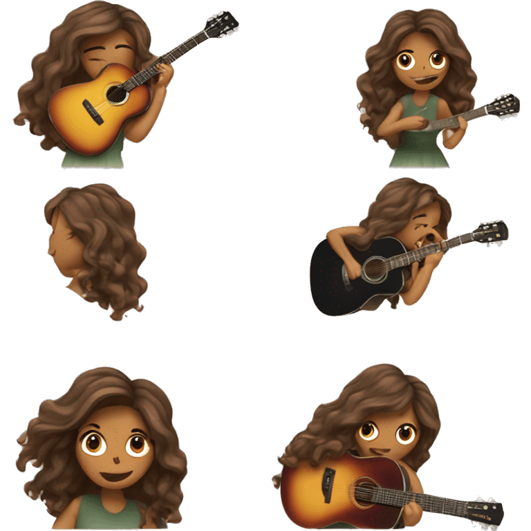 Femme au cheveux brun ondulé qui chante dans un micro et joue de la guitare  emoji