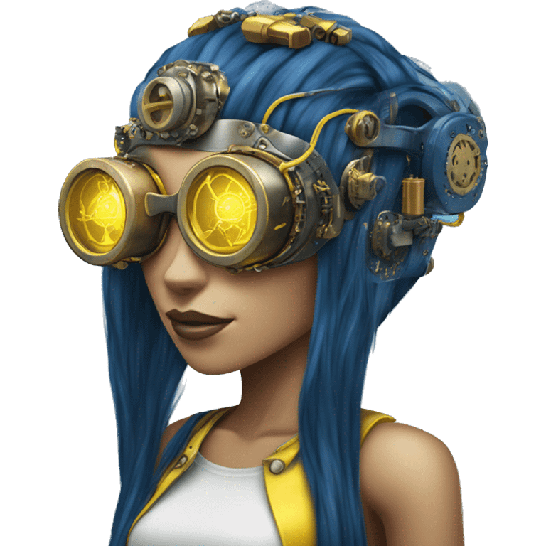 Dark blue long hair female cyborg head with yellow steampunk goggles and circuits emoji