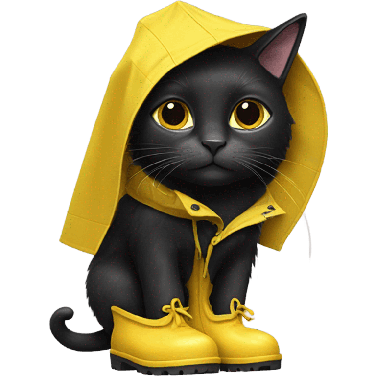 Black cat wearing a yellow rain coat and rain boots emoji