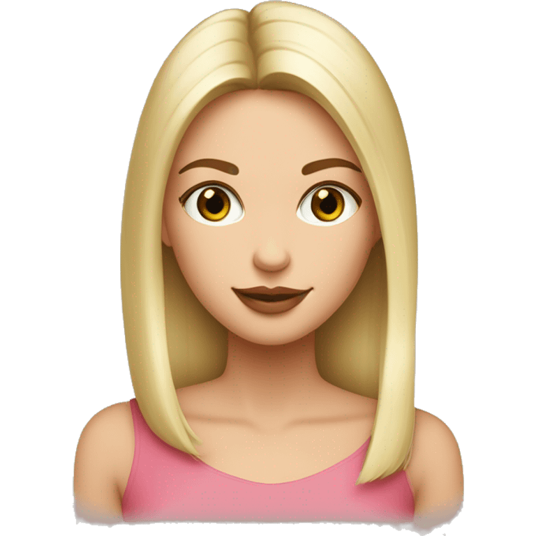 emoji, femme, au cheveux long blond lisse, au teint bronzé, rouge à lèvre rose, yeux vert claire, pull blanc col v, long cils et blush  emoji