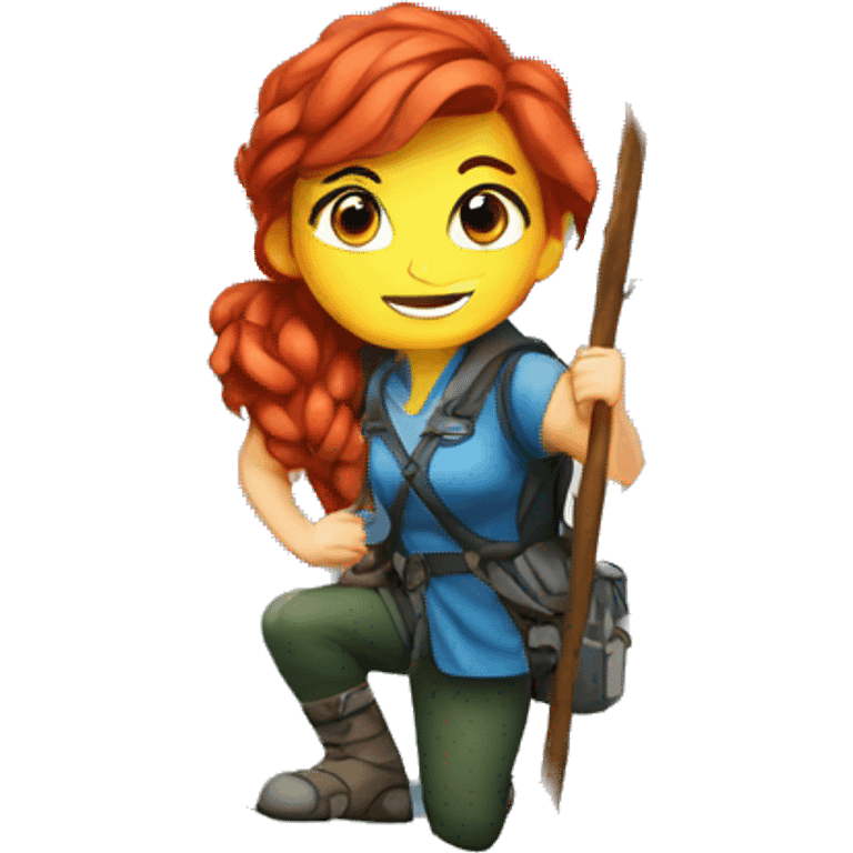 a red hair female mountaineer summitting EVEREST with greek flag emoji