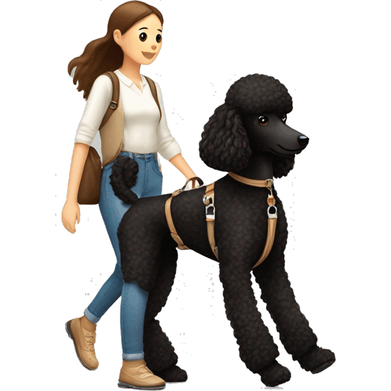 3 legs One Small unshaved Black Poodle with brown harness is walking with a pretty girl emoji