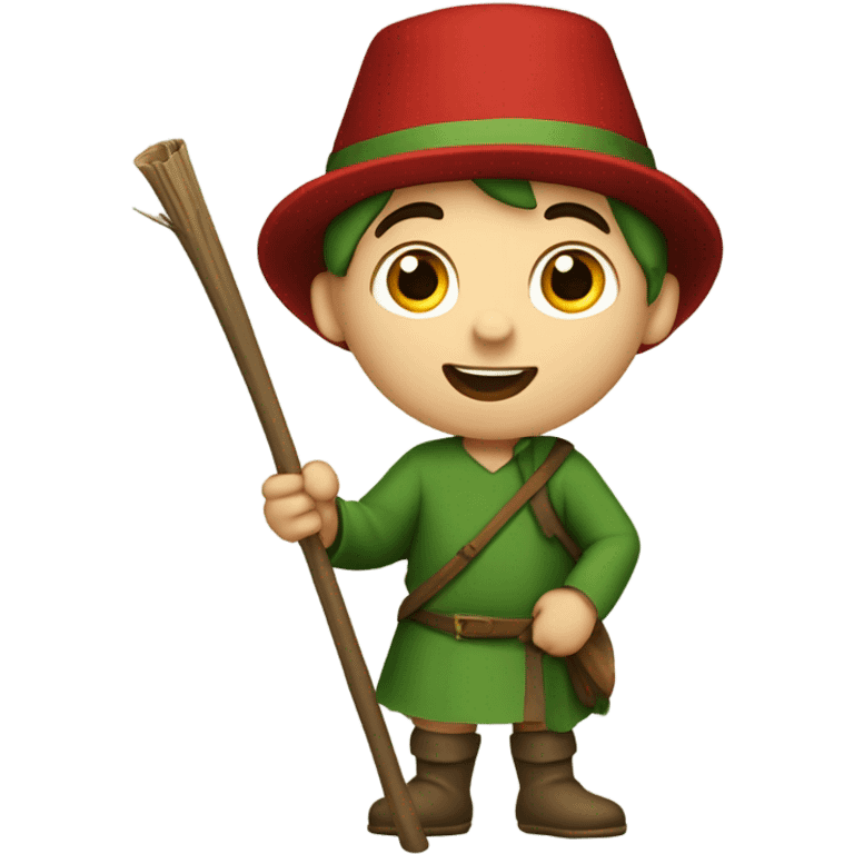 13th century European pilgrim boy with staff, red stockings, short green tunic and green hat, saying hurrah emoji