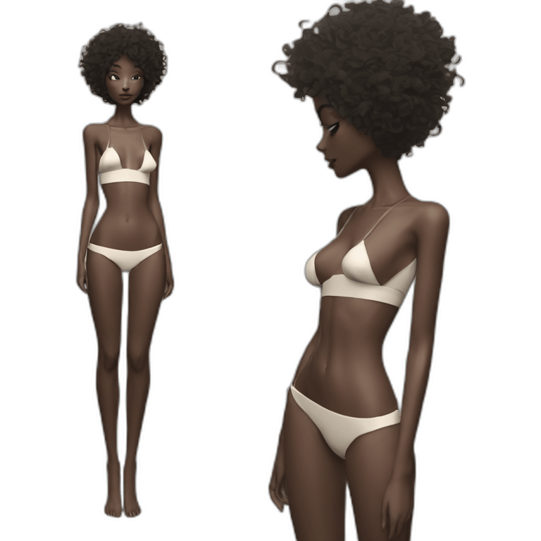 Fashion editorial style octane render, stylized, angle of a (Young Woman, skinny, fit, small breasts, bare belly, high-leg sexy beach outfit. 1. 3) Elusive hair (art by Hayv Kahraman0. 9) emoji