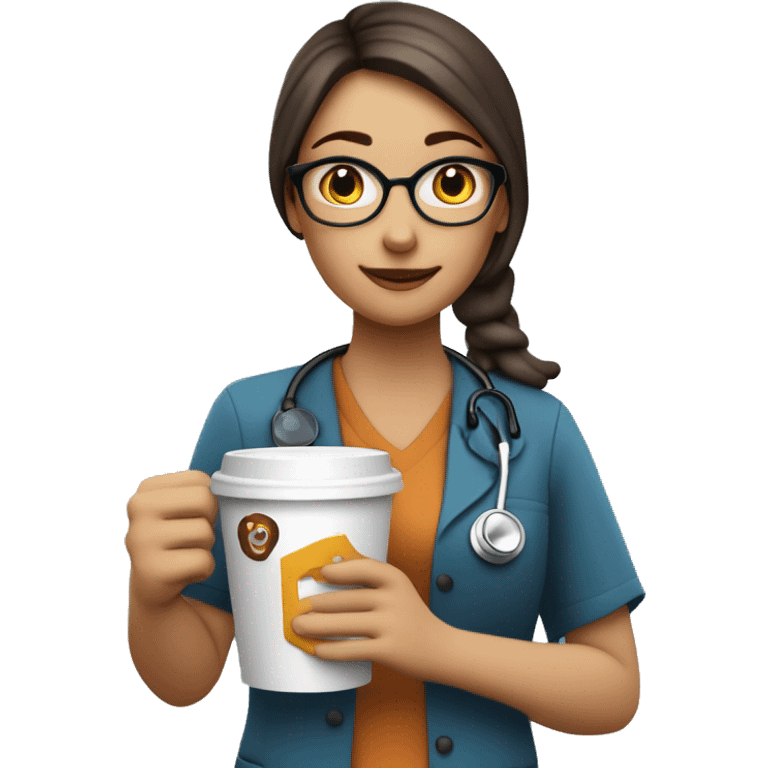 Medium light girl wearing scrap and stethoscope with a Longs logo on her scrap holding cup of coffee ￼ emoji