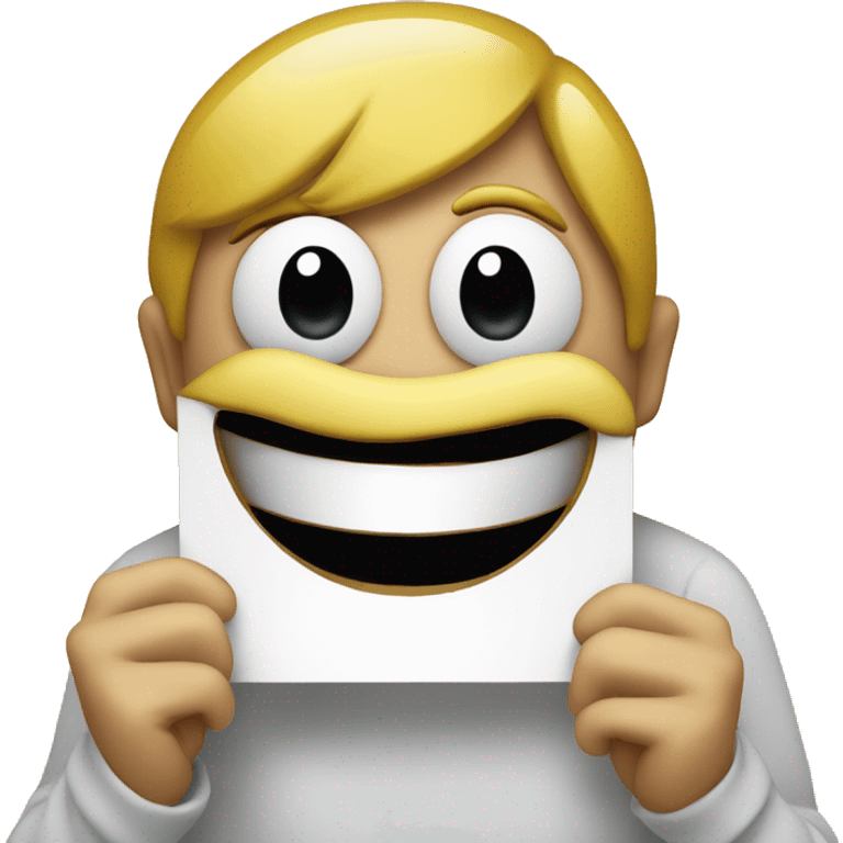 fake big smile emoji holding a sign that says “hahahaha… pls help me” emoji