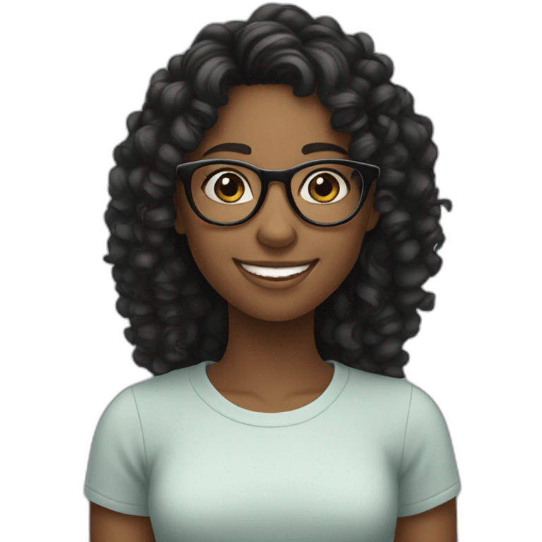 smiling black teenager girl with long black curly hair and round glasses emoji