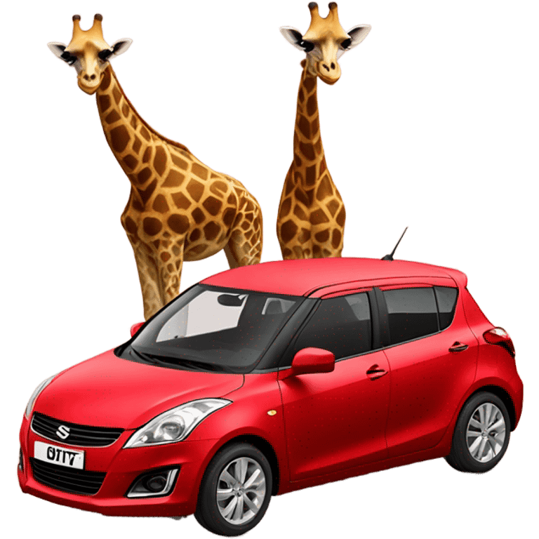 two giraffes driving a red suzuki swift car emoji