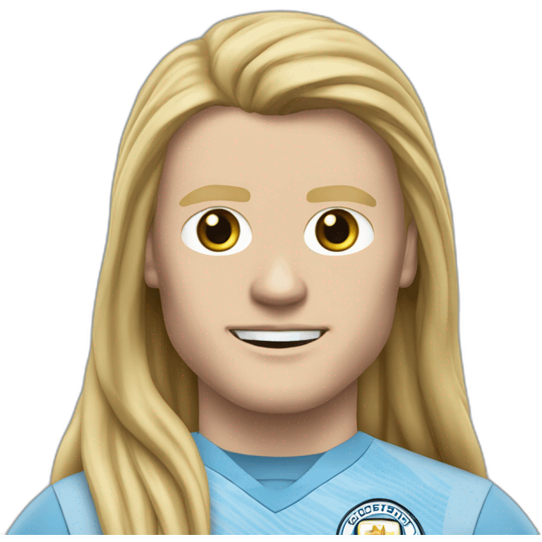 Realistic Erling Haaland has long hair, in a catogan. He is wearing Manchester City football shirt emoji