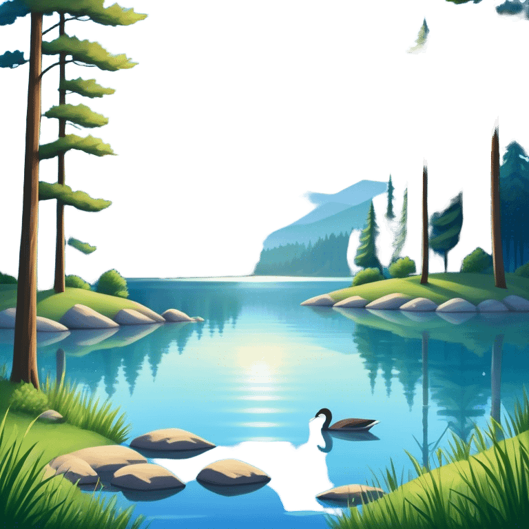 Cinematic Realistic Lake Emoji, Calm and reflective, with clear blue waters mirroring the surrounding landscape, framed by tall trees and grassy shores. The sunlight sparkles on the water’s surface while birds and animals play at the edge. Soft glowing outline, capturing the essence of peaceful serenity in a tranquil lake. emoji