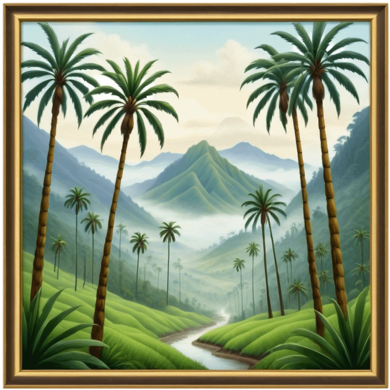 Cinematic Realistic Cocora Valley Landscape Emoji, depicted with towering wax palm trees in a lush, misty valley rendered with rich textures and dynamic, natural lighting. emoji