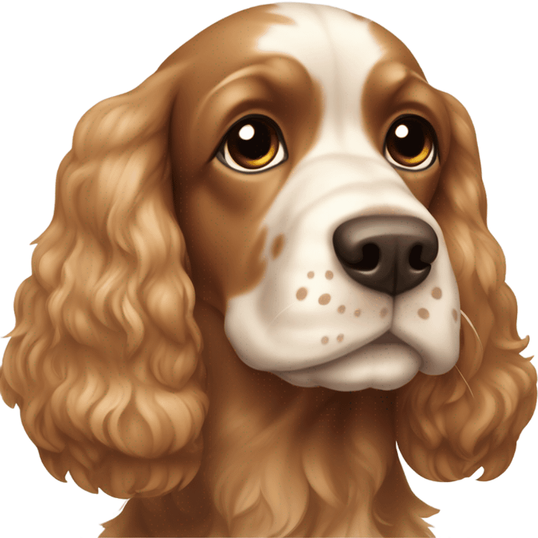 A cocker spaniel with brown ears and a brown face with little spots of white near its snout emoji