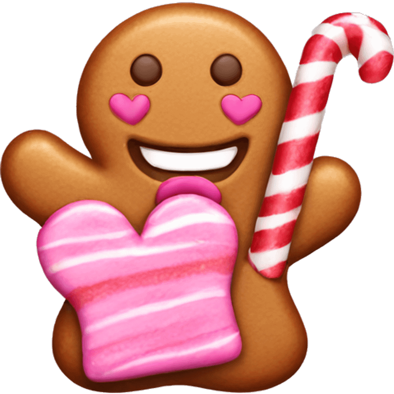 Pink gingerbread eating candy cane with hearts emoji