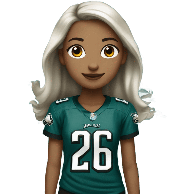 Whited skinned girl with brown hair wearing Philadelphia eagles jersey with number 26 emoji