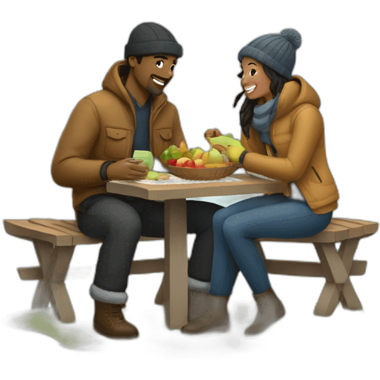 a couple having picnic in winter clothes emoji