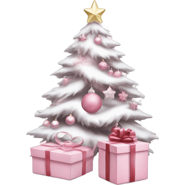 Light pink Christmas gifts under a white Christmas tree  emoji