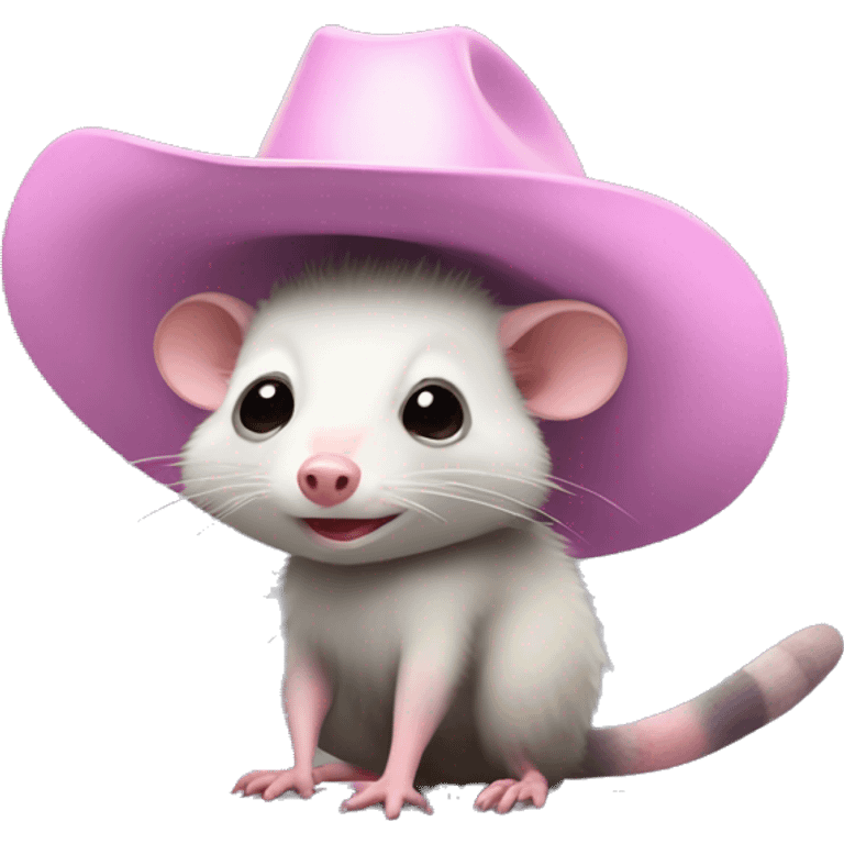 Opossum wearing a pink cowboy hat, animated looking emoji