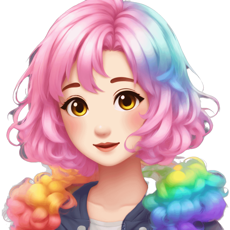 Gorgeous anime style shojo character with blushing face aesthetic and pretty colorful shiny gradient neon rainbow hair with hair garment trending style emoji