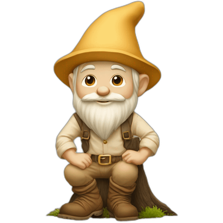 side view of gnome with light tan pants and light tan boots squatting above small brown log emoji