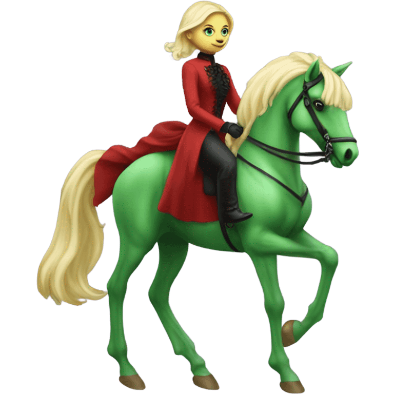 "galora green blonde alien woman" in red Victorian elegant dress, full body, rides winged horse

 emoji