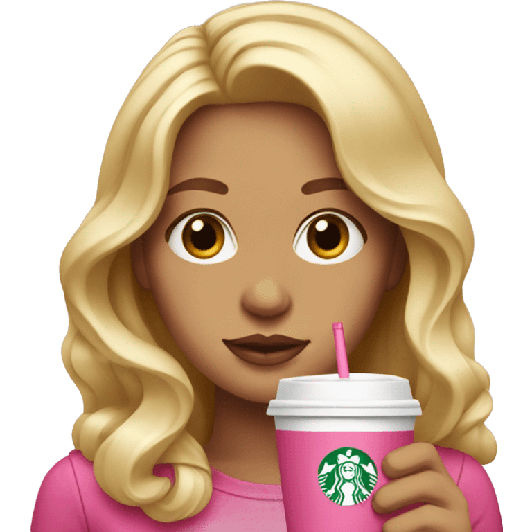 blonde drinking pink starbucks wearing a pink bow in long wavy blonde hair emoji