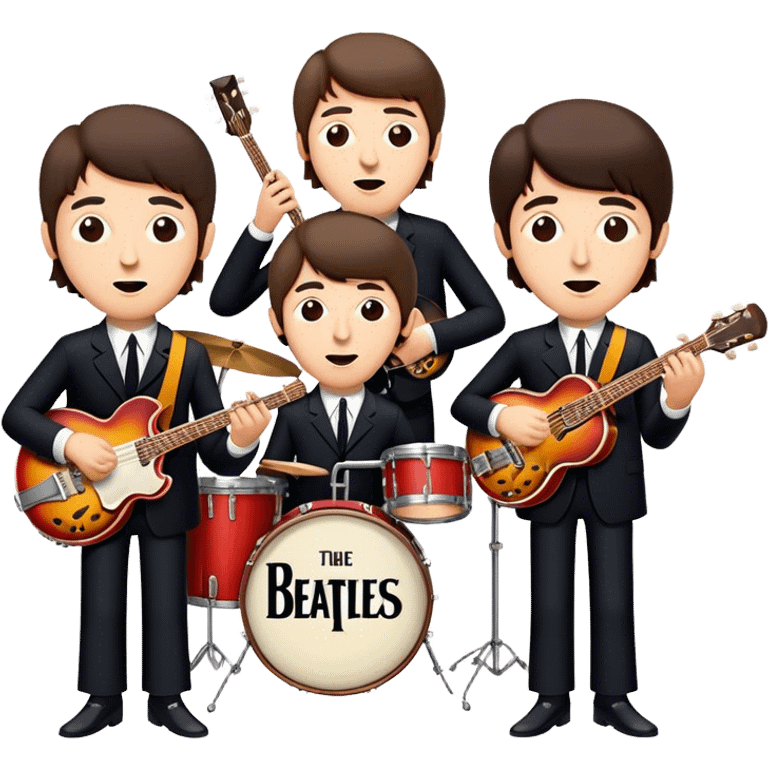 Cinematic Realistic The Beatles Group Emoji, depicted as an iconic band of four exuding playful charisma and musical genius with retro instruments and vibrant expressions, rendered with rich textures and nostalgic dynamic lighting that captures their legendary impact on pop culture. emoji