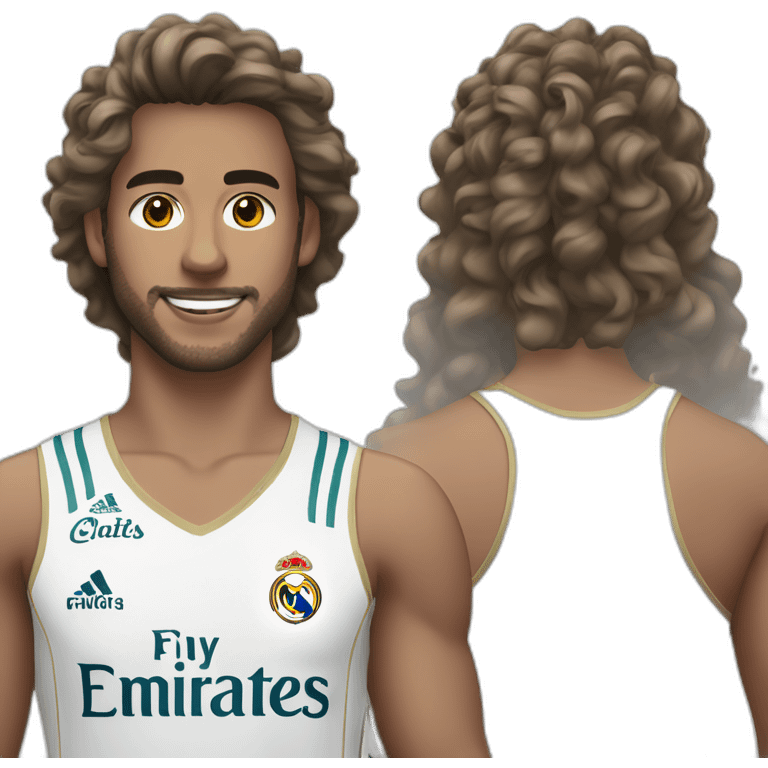 Fais un jeune homme au long cheveux boucle avec un emoji du maillot du real madrid emoji