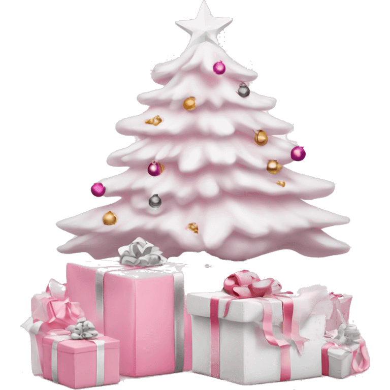 Light pink Christmas gifts under a white Christmas tree  emoji