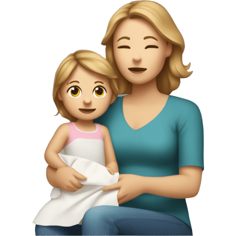 White mom with light brown hair two year-old daughter with light brown hair holding a napkin to her nose sitting on her mom’s lap emoji