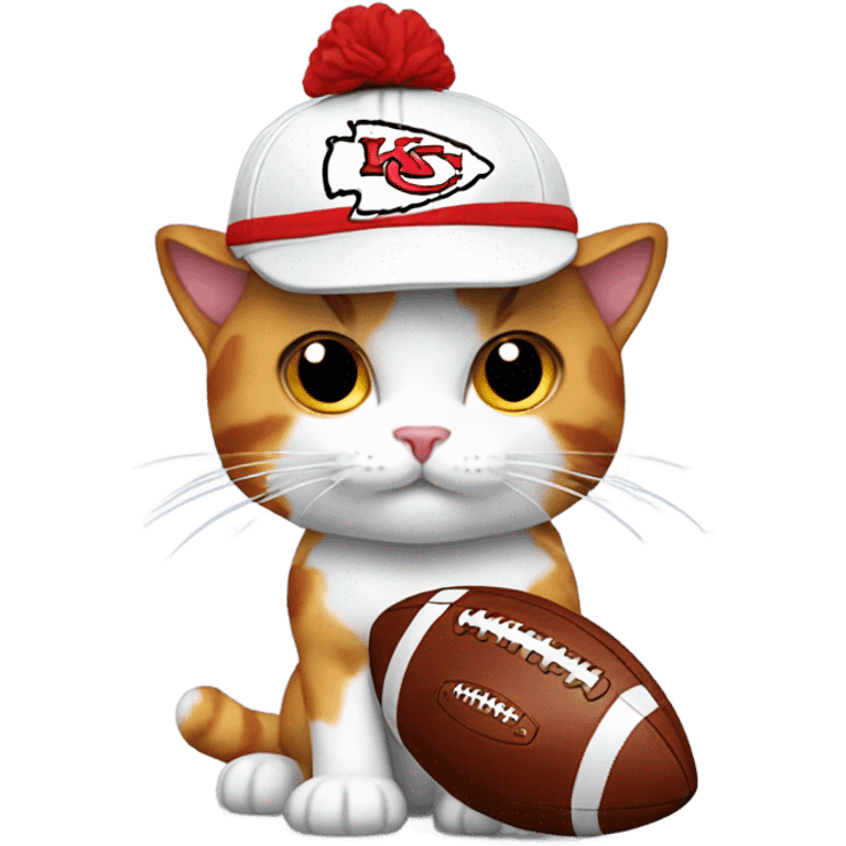 Calico cat holding a football wearing a chiefs hat emoji