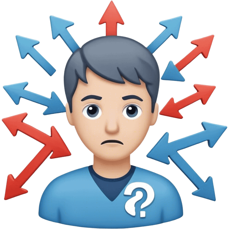 	A clean, flat-vector style icon that conveys information overload. Center a simplified human figure with a puzzled expression, surrounded by multiple overlapping arrows, question marks, and data symbols to represent too many choices. Use a modern color palette (e.g., muted blues, grays, and pops of bright accent colors) to highlight the feeling of confusion and overwhelm, while maintaining a crisp, minimalistic design. emoji